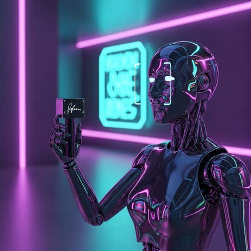 Futuristic Neon AI Robot Obtaining Signature - Cyberpunk Inspired