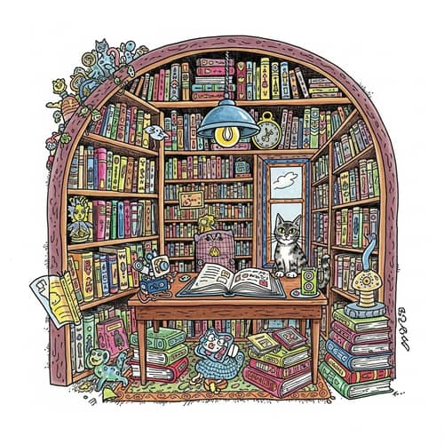 Whimsical High-Saturation Library Scene with Inquisitive Feline