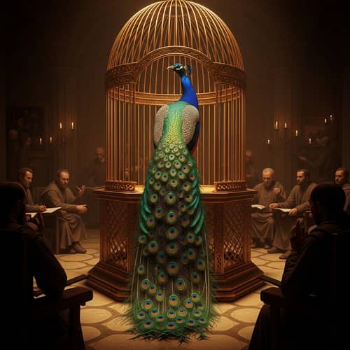 Radiant Peacock in Golden Cage: Captivating Atmosphere of Mystery