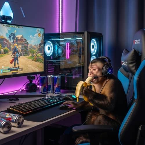 Monkey Streamer with High-Tech Setup Eating Banana & Gaming