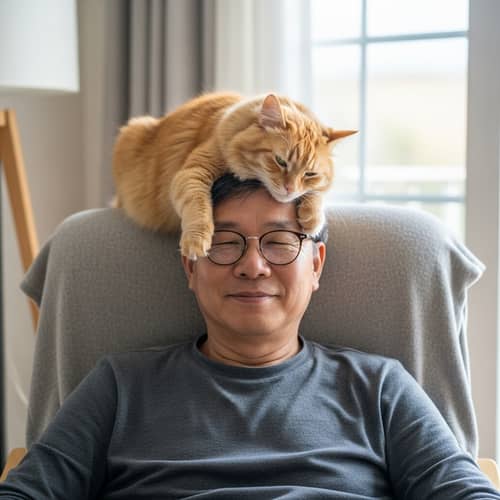 Relaxed East Asian Man with Orange Cat in Cozy Living Room