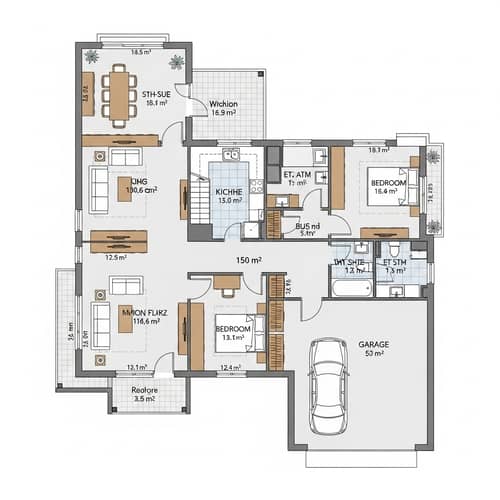 Residential House Blueprint with Living Room, Kitchen, Bedrooms & Garage