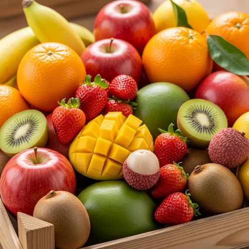 Organic Fruits Display - Fresh Mangoes, Juicy Oranges & More