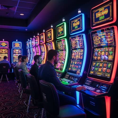 Futuristic Slot Machines in a Grand Casino | High-Tech Gaming