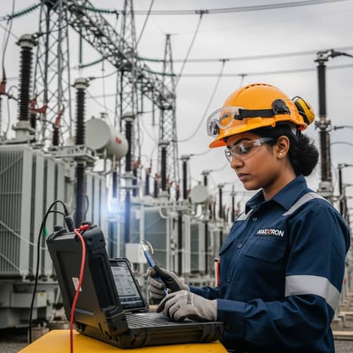 Female South Asian MAXTRON Engineer Testing Power Transformer | Electrical Substation
