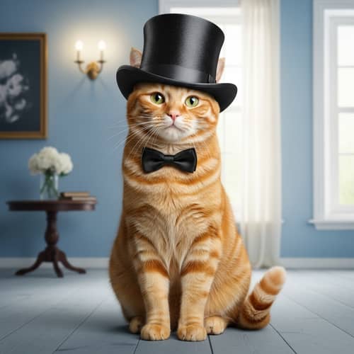Stylish Orange Tabby Cat with Top Hat | Serene Room Backdrop