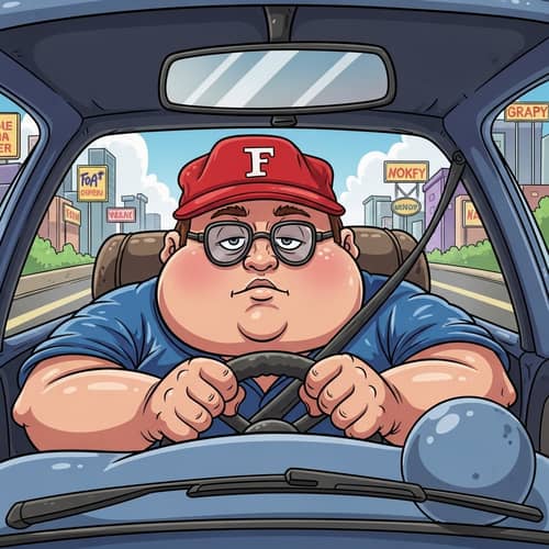 Cartoon-Style Image of Chubby Individual Driving a Classic Car
