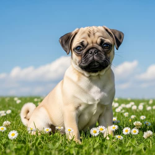 Adorable Fawn-Colored Pug Dog on Meadow | Cute Pug Puppy