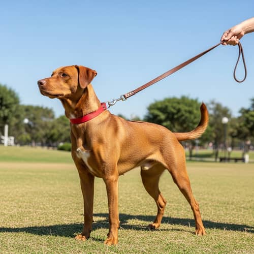 Brown Coat Dog with Leather Leash in Park