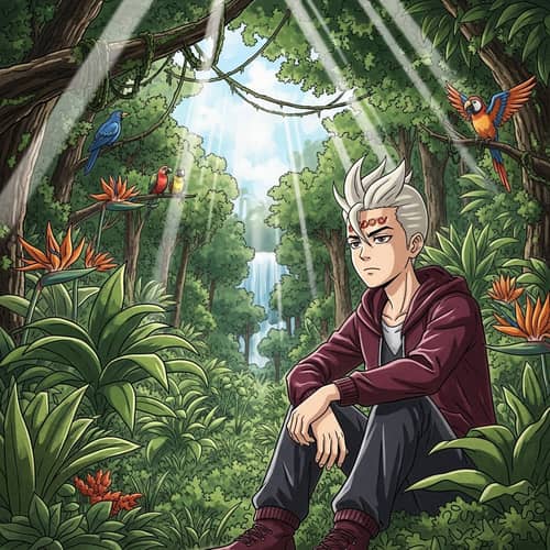 Serious Anime Character in Jungle - Artistic Illustration