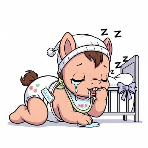 Adorable Baby Pony in Branded Diapers Sleeping in Crib