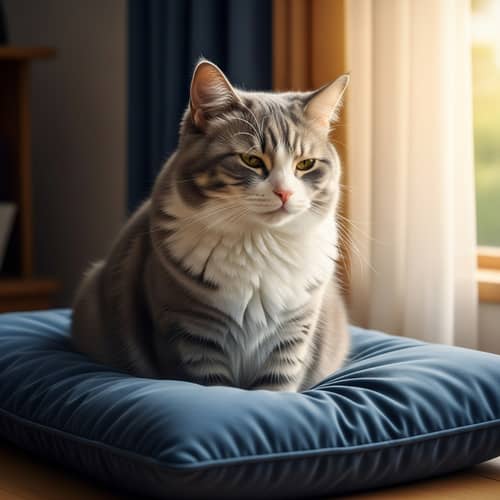 Detailed Image of Domestic Cat on Plush Dark Blue Pillow