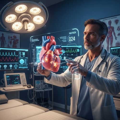 2024 Futuristic Cardiologist Evaluating 3D Heart Holograph