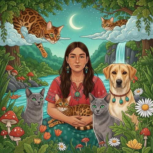 Healing Woman with Bengal Cat, Russian Blue Cat, and Dog in Abundant Nature Scene