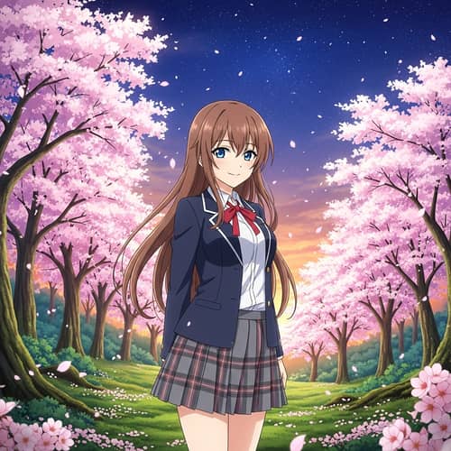 Anime-Inspired Illustration of Young Woman in Magical Forest