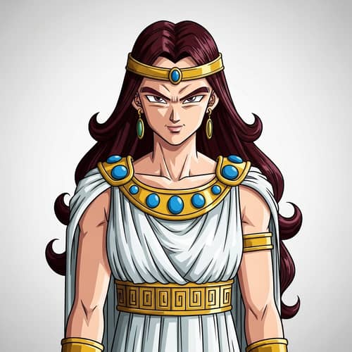 Saiyan Queen with Long Dark Red Hair in Greek Attire
