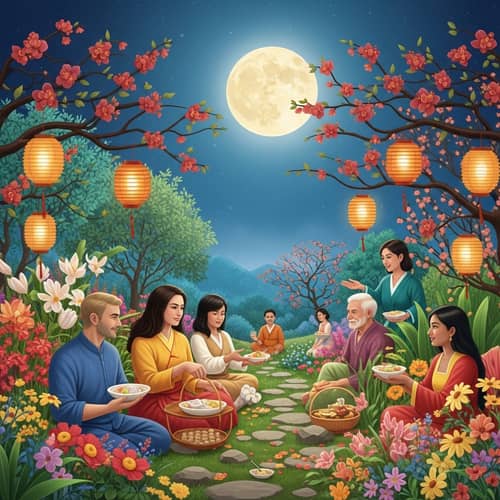 Mid-Autumn Festival Holiday Scene with Botanical Elements
