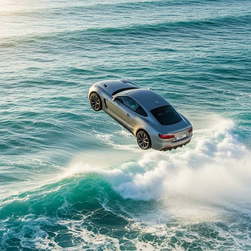Sleek Car Leaping Into Vibrant Ocean - Unexpected Spectacle