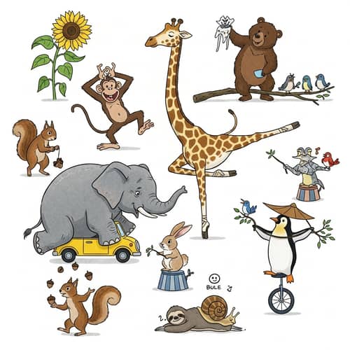 Wild Nature Playful Scenes: Elephant, Monkey, Giraffe, Penguin & More