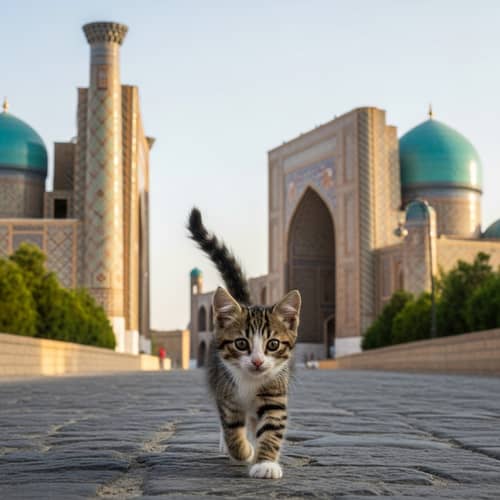 Cute Cat Walking in Uzbekistan with Mosque Background