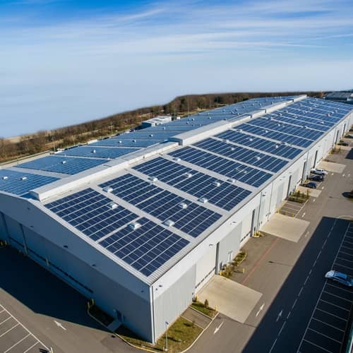 Bird's Eye View of Solar Panel Equipped Photovoltaic Hangar
