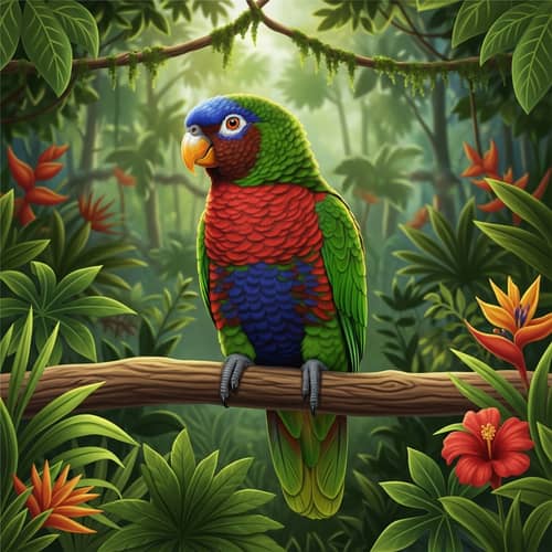 Vibrant Amazon Lori Illustration - Colorful Feathers & Orange Eyes