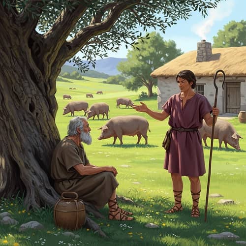 Chapter 14 of the Odyssey: Detailed Scene with Odysseus and Swineherd