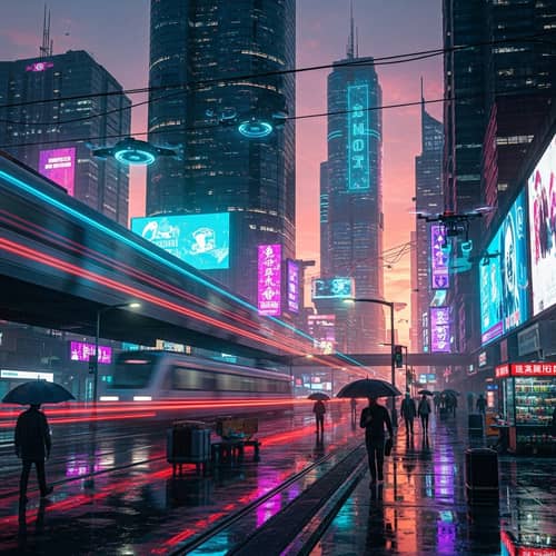 Futuristic Cityscape at Sunset: Vibrant Neon Lights & Cyberpunk Aesthetics