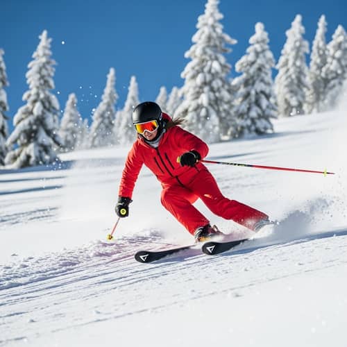 Athletic Woman Downhill Skiing in Red Snowsuit