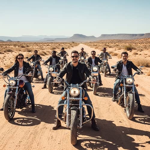 Diverse Group in Leather Jackets Revving Motorcycles in Desert Landscape