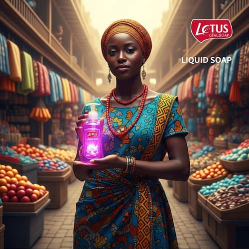 Vibrant African Market Girl Advertising Lotus Liquid Soap