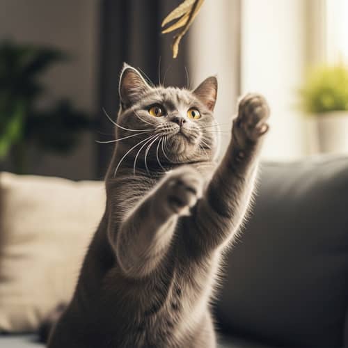 Playful Domestic Cat in Mid-Pounce Stance | Rich Grays & Whites