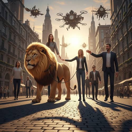 Golden Lion in City of Giants as Pet