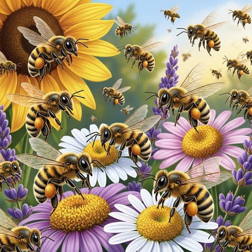 Buzzing Bees Collecting Pollen from Flowers - Illustration