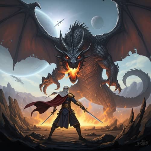 Heroic Middle-Eastern Male Warrior Battles Black Dragon in Otherworldly Realm