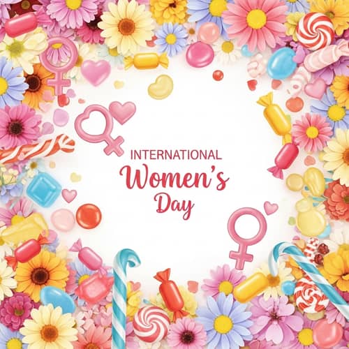 International Women's Day Postcard Design | Flowers, Love Symbols, Candies