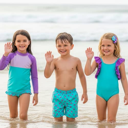 Caucasian Children on Beach with Aquatic Attire | Waving Goodbye