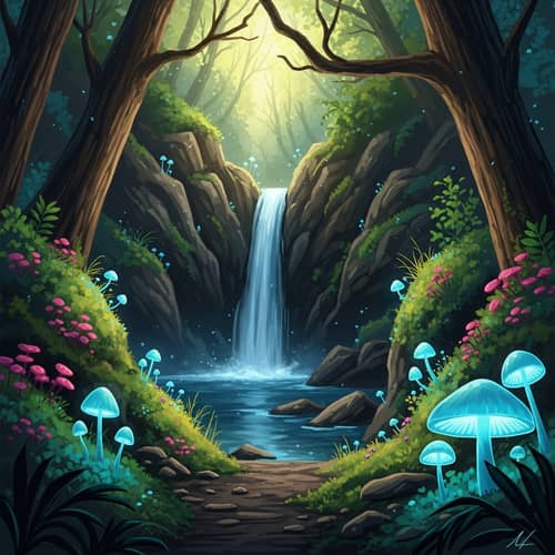 Mystical Forest Waterfall & Glowing Mushrooms | Nature-Inspired