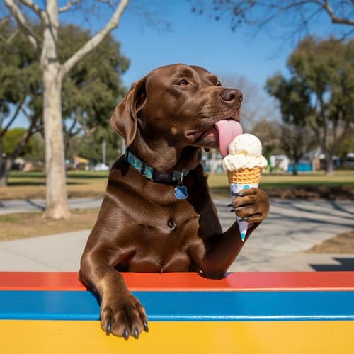 Adorable Labrador Enjoying Ice Cream at Park Picnic Table