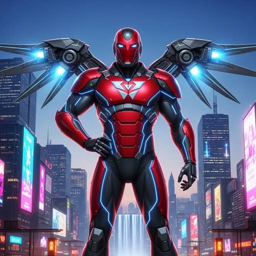 Futuristic Superhero with AI - Black and Red Armor