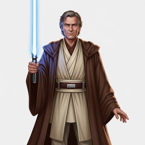 Commanding Jedi-like Figure with Blue Lightsaber