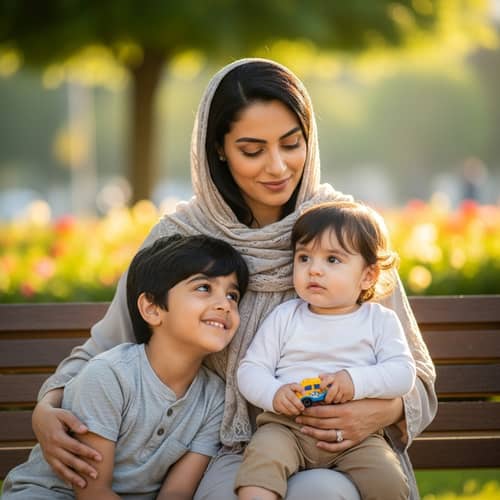 Heartwarming Middle Eastern Mother with Two Black-Haired Sons
