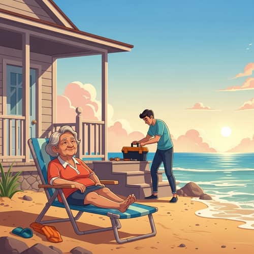 Tranquil Summer Day: Elderly Woman Sunbathing, Man Repairing House by the Sea