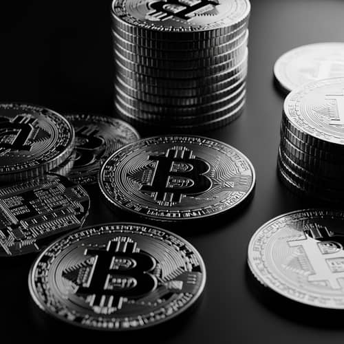 Mysterious Man Surrounded by Golden Bitcoins - Crypto-Inspired Noir Imagery