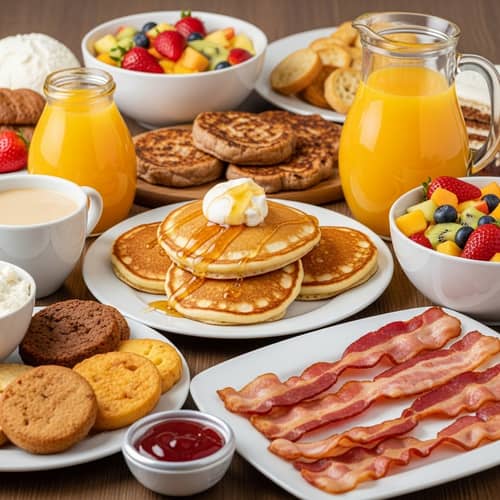 Delightful Morning Breakfast Spread - Pancakes, Fruit Salad, Bacon, Orange Juice