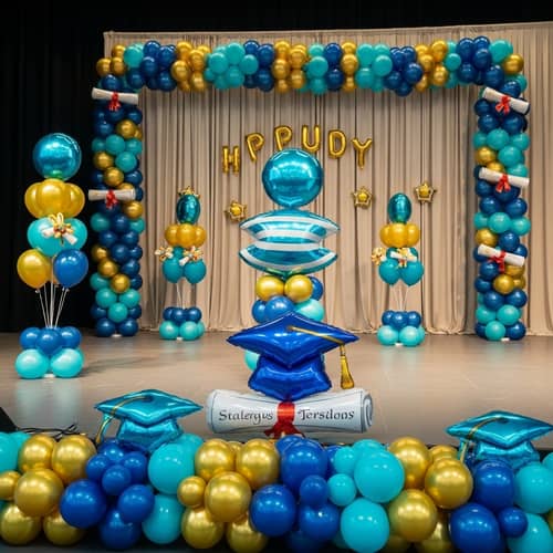 School Graduation Stage Decoration with Blue, Gold, and Turquoise Balloons