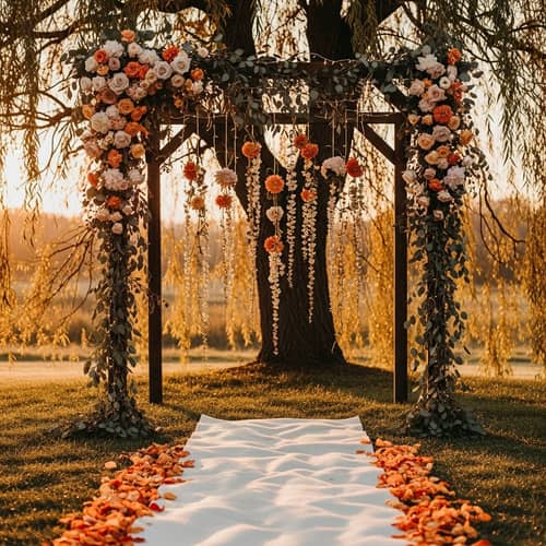 Warm Orange-Peach Wedding Arch Design Under Willow Tree