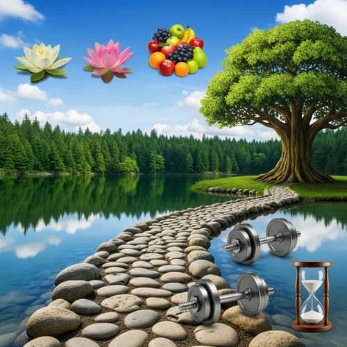Abstract Wellness Concept: Serene Lake, Green Forest & Ancient Tree