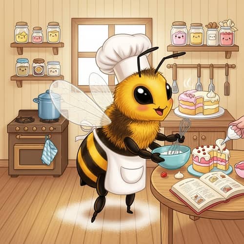 Humorous Cartoon Bee Chef Baking Cake in Colorful Kitchen Setting