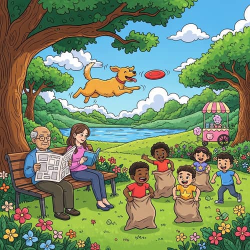 Lush Green Park with Playful Dog, Elderly Man, and Happy Kids